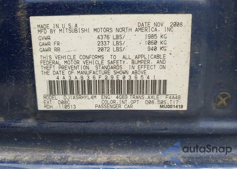 2009 Mitsubishi Galant Es/Sport Edition z USA, uszkodzony, nr VIN 4A3AB36F29E036541